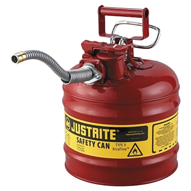 Justrite Type II AccuFlow™ Safety Can, Gas, 2 gal, Red, Includes 5/8 in OD Flexible Metal Hose