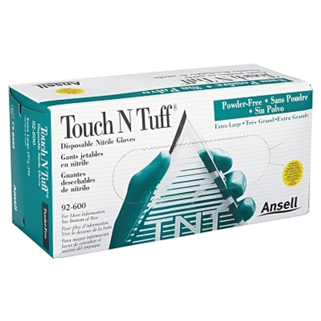 Ansell TouchNTuff® 105080 92-600 Nitrile Powder-Free Disposable Gloves, Smooth, 4.9 mil Palm/5.5 mil Fingers, X-Large, Green