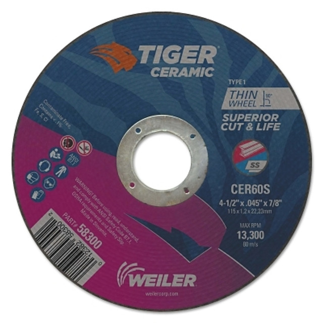 Weiler® Tiger™ Ceramic Cutting Wheel, 4.5 in Diameter, 0.045in Thick, 24/bx Weiler® Tiger™ Ceramic Cutting Wheel, 4.5 in Diameter, 0.045in Thick, 24/bx
