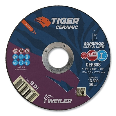Weiler® Tiger™ Ceramic Cutting Wheel, 4.5 in Diameter, 0.045in Thick, 24/bx