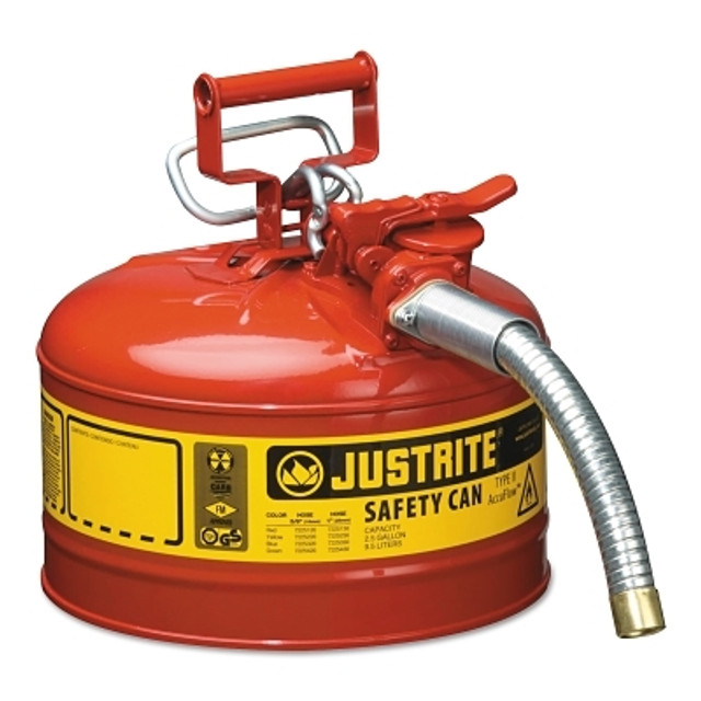 Justrite Type II AccuFlow™ Safety Can, Gas, 2.5 gal, Red, Includes 1 in OD Flexible Metal Hose