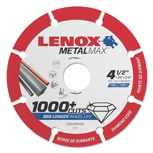 Stanley® Products Lenox® 1972921 MetalMax™ Cut-Off Wheel, 4-1/2 in, 7/8 in Arbor, Steel/Diamond