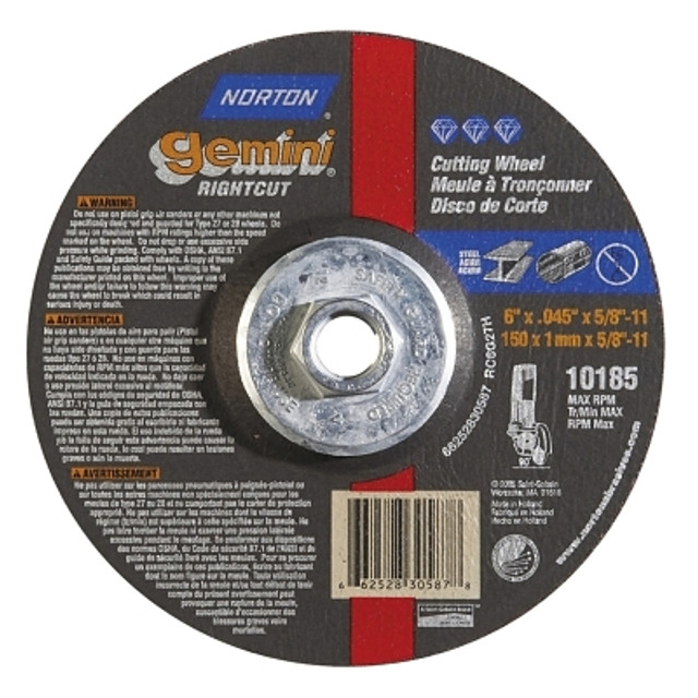 Saint-Gobain Norton Gemini® RightCut™ Right Angle Cut-Off Wheel, Type 27/42, 6 in dia x 0.045 in Thick x 5/8 in-11 Arbor, 1 EA/EA Saint-Gobain Norton Gemini® RightCut™ Right Angle Cut-Off Wheel, Type 27/42, 6 in dia x 0.045 in Thick x 5/8 in-11 Arbor, 1 EA/EA