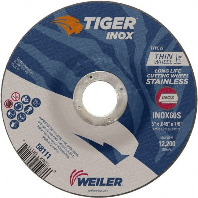 Weiler 58111 Depressed Center Wheel: Type 27, 5" Dia, 0.045" Thick, Aluminum Oxide