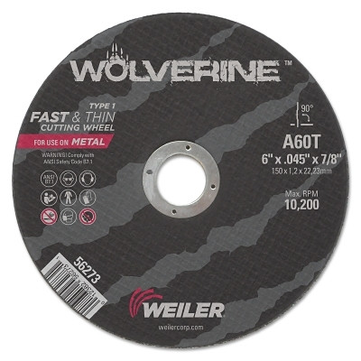 Weiler® Wolverine® Cut-Off Wheel, Type 1, AO, 6 in dia x 7/8 in AH x 0.045 in Thick, 60T, 1 EA/EA