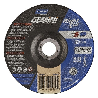 Saint-Gobain Norton Gemini® RightCut™ Right Angle Cut-Off Wheel, Type 27/42, 6 in dia x 0.045 in Thick x 7/8 in Arbor, 25 EA/PK