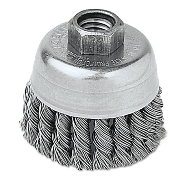 Weiler® 13258 Single Row Heavy-Duty Knot Wire Cup Brush, 2-3/4 dia, 5/8 to 11 UNC, 0.02 Stainless