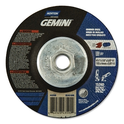 Saint-Gobain Norton Gemini® Type 27 Grinding and Cutting Wheel, 4-1/2 in dia x 1/8 in T x 5/8 in-11 Arbor Hole, AO