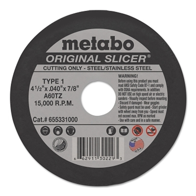 Metabo Original Slicer Cutting Wheel, Type 1, 4-1/2 in dia, 0.045 in Thick, 60 Grit, Aluminum Oxide Metabo Original Slicer Cutting Wheel, Type 1, 4-1/2 in dia, 0.045 in Thick, 60 Grit, Aluminum Oxide