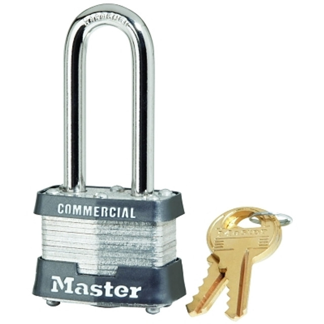 Master Lock® No. 3 Laminated Steel Padlock, 9/32 in dia, 5/8 in W x 2 in H Shackle, Silver/Blue, Keyed Different, Varies