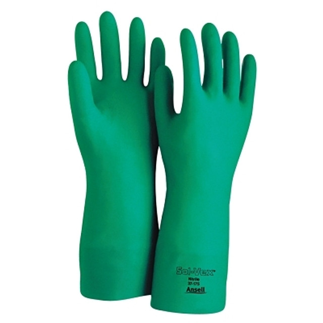 Ansell AlphaTec® Solvex® 37-175 Nitrile Gloves, Gauntlet Cuff, Cotton Flock Lined, Size 9, Green, 17 mil