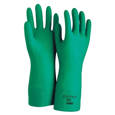 Ansell AlphaTec® Solvex® 37-175 Nitrile Gloves, Gauntlet Cuff, Cotton Flock Lined, Size 9, Green, 17 mil