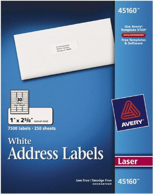 AVERY 45160 Label Maker Label: White, Paper, 2-5/8" OAL, 1" OAW, 7,500 per Roll