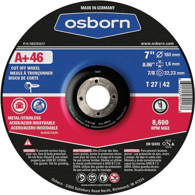 Osborn 1183251572 Cutoff Wheel: 7" Dia, 0.06" Thick, 7/8" Hole, Aluminum Oxide