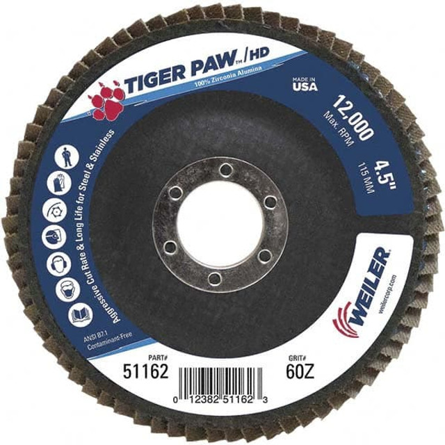 Weiler 51162 Flap Disc: 7/8" Hole, 60 Grit, Zirconia Alumina, Type 27