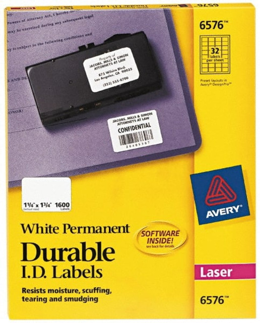 AVERY 06576 Label Maker Label: White, Paper, 1-3/4" OAL, 1-1/4" OAW, 1,600 per Roll