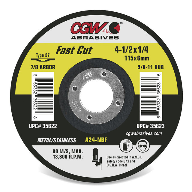 CGW Abrasives 35699 Depressed Center Wheel: Type 27, 4" Dia, 1/4" Thick, Aluminum Oxide