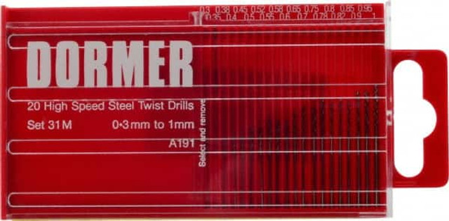 DORMER 5969762 Drill Bit Set: Jobber Length Drill Bits, 20 Pc, 118 °, High Speed Steel
