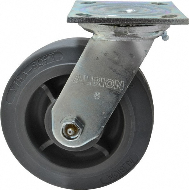 Albion 16XS06201S Swivel Top Plate Caster: Soft Rubber, 6" Wheel Dia, 2" Wheel Width, 600 lb Capacity, 7-1/4" OAH