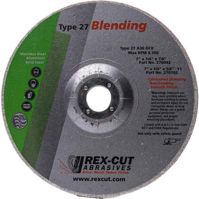 Rex Cut Abrasives 245023 Deburring Wheels; Wheel Diameter (Inch): 4-1/2 ; Face Width (Inch): 1/8 ; Center Hole Size (Inch): 7/8 ; Abrasive Material: Aluminum Oxide ; Grade: Coarse ; Wheel Type: Type 27