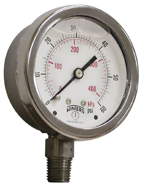 Winters PFP836 Pressure Gauge: 2-1/2" Dial, 1/4" Thread, Lower Mount