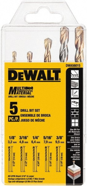 DeWALT DWA56015 Drill Bit Set: Hammer Drill Bits, 5 Pc, 0.125" to 0.375" Drill Bit Size, 135 °, Carbide Tipped