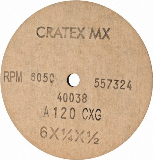 Cratex 40038 Surface Grinding Wheel: 6" Dia, 1/4" Thick, 1/2" Hole, 120 Grit