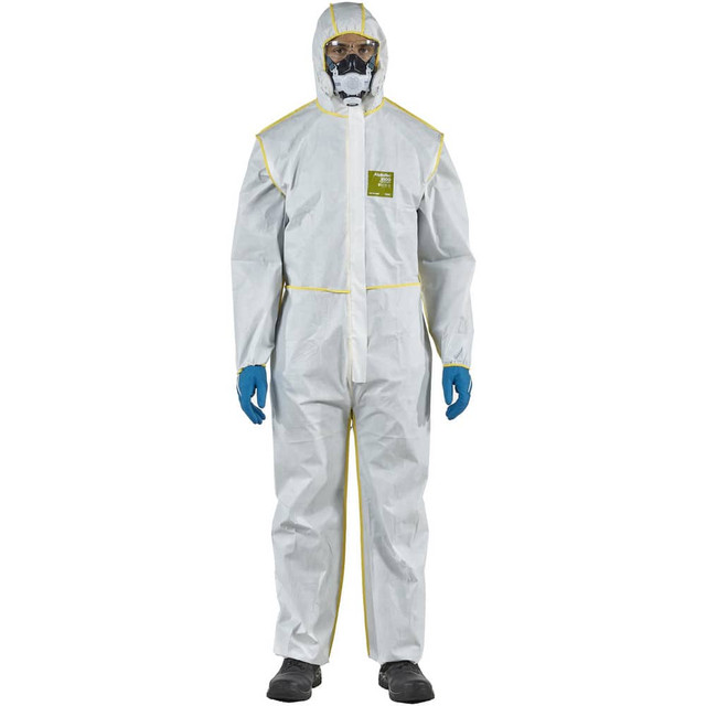 Ansell WY23-B92-129-07 Disposable & Chemical Resistant Coveralls; Garment Style: Coveralls ; Size: 3X-Large ; Material: Microporous Polyethylene Laminate Non-Woven; Polypropylene Non-Woven ; Closure Type: 2-Way Zipper with Storm Flap ; Cuff Style: El