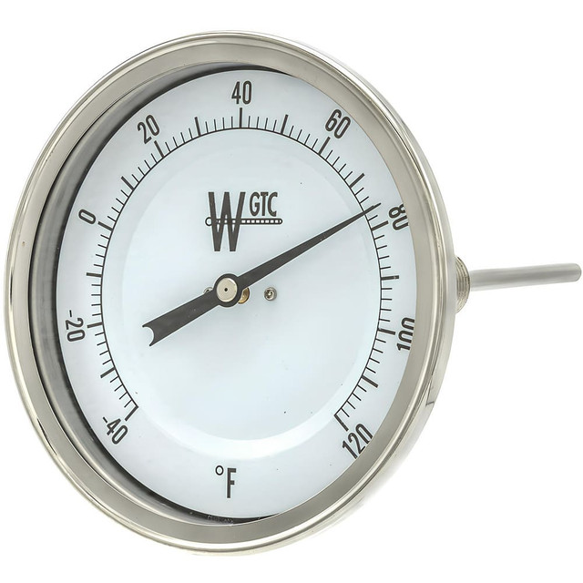 WGTC 5AA04E02 Bimetal & Dial Thermometers; Accuracy (%): 1.00 ; Connection Location: Adjustable ; Mount: Adjustable ; Lens Material: Glass ; Mounting Location: Pipe ; Stem Length: 4 (Inch)