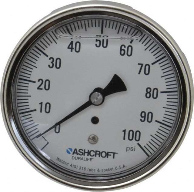 Ashcroft 83197 Pressure Gauge: 3-1/2" Dial, 0 to 100 psi, 1/4" Thread, NPT, Center Back Mount