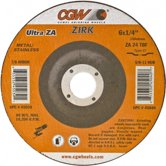 CGW Abrasives 37530 Depressed Center Wheel: Type 27, 5" Dia, 1/4" Thick, Zirconia Alumina