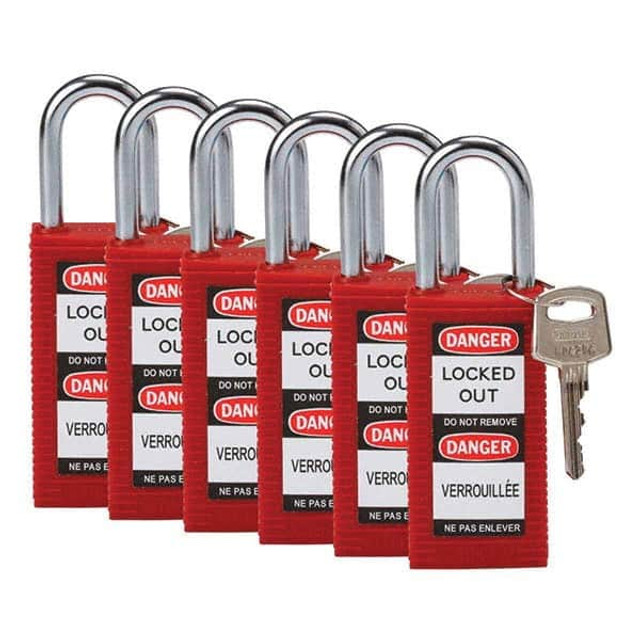 Brady 123423 Lockout Padlock: Keyed Alike, Key Retaining, Nylon, Nylon Shackle, Red