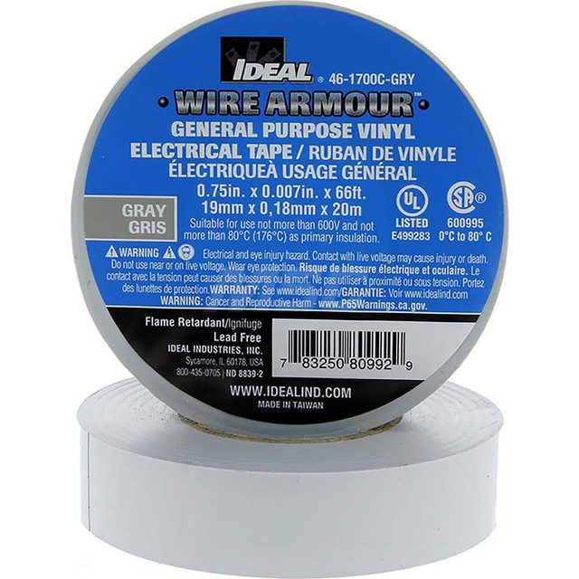 Ideal 46-1700C-GRY Vinyl Film Electrical Tape: 3/4" Wide, 66' Long, 7 mil Thick, Gray