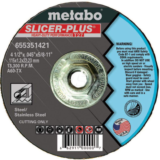 Metabo 655351421 Cutoff Wheel: Type 27, 4-1/2" Dia, 0.045" Thick, Aluminum