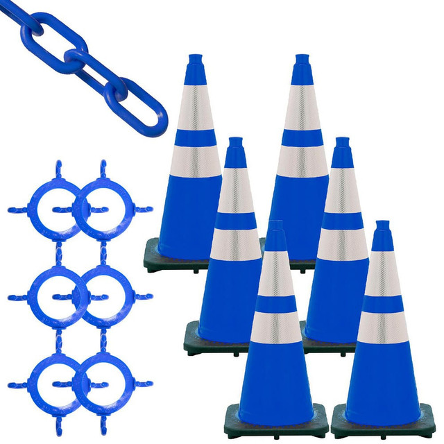 Mr. Chain 93278-6 Traffic Cone with Reflective Collar & Chain Kit: Plastic, Traffic Blue, 50' Long, 2" Wide
