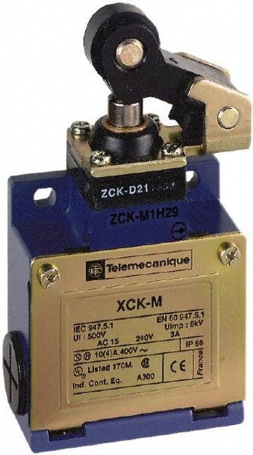 Telemecanique Sensors XCKM121H7 General Purpose Limit Switch: DP, NC, Roller Plunger, Side