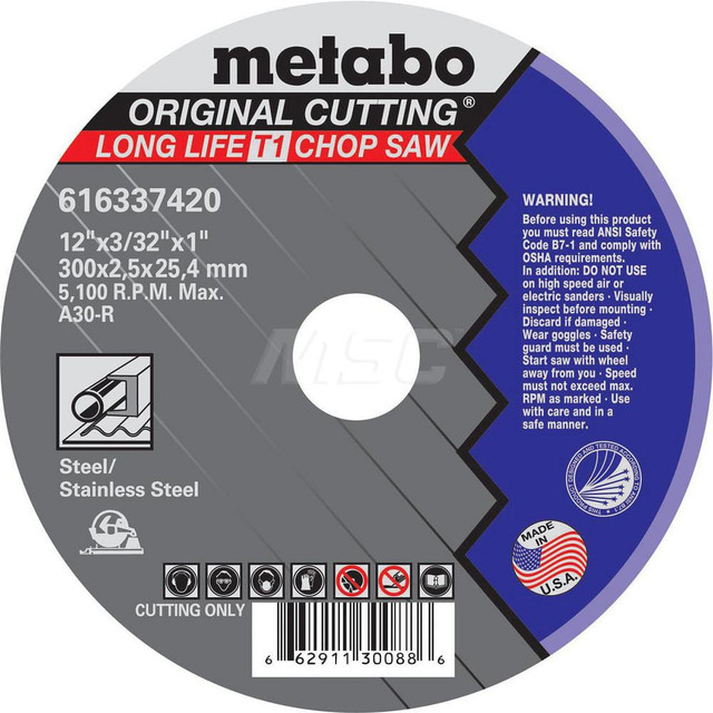 Metabo 616337420 Cutoff Wheel: Type 1, 12" Dia, 0.094" Thick, 1" Hole, Aluminum Oxide