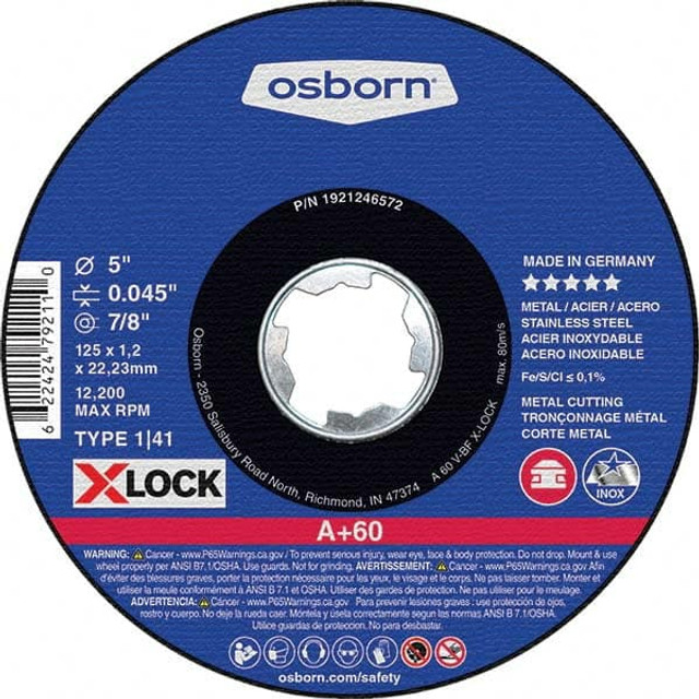 Osborn 1921246572 Cutoff Wheel: Type 1, 5" Dia, 0.045" Thick, 7/8" Hole, Aluminum Oxide