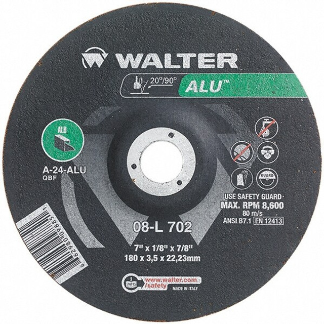WALTER Surface Technologies 08L702 Depressed Grinding Wheel:  Type 27,  7" Dia,  1/8" Thick,  7/8" Hole,  Aluminum Oxide