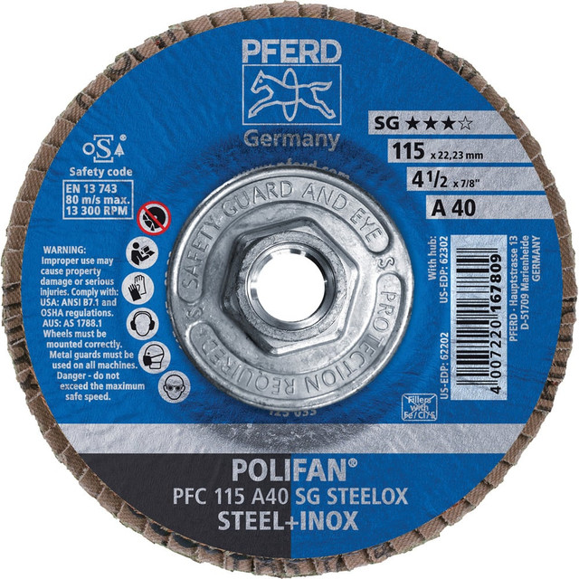 PFERD 62302 Flap Disc: 5/8-11 Hole, 40 Grit, Aluminum Oxide, Type 29