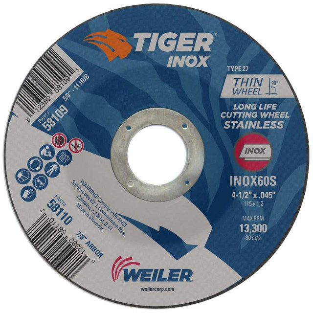 Weiler 58110 Depressed Center Wheel: Type 27, 4-1/2" Dia, 0.045" Thick, Aluminum Oxide