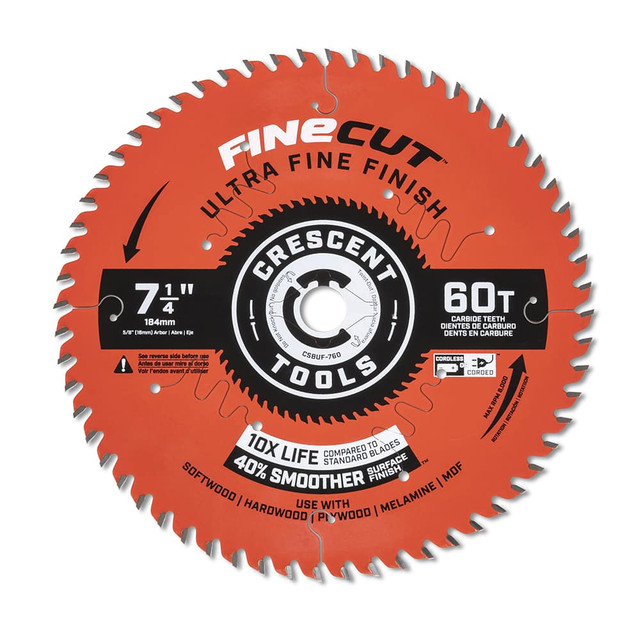 Crescent CSBUF-760 Wet & Dry Cut Saw Blade: 7-1/4" Dia, 5/8" Arbor Hole, 0.063" Kerf Width, 60 Teeth