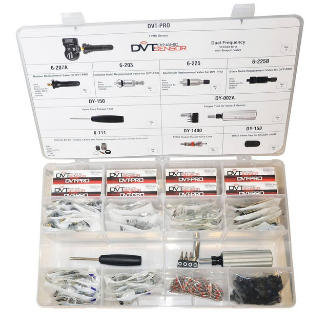 JohnDow DY-TPMS-1 TPMS Sensor Kit: TPMS DVT-PRO Master Starter Kit, (8) DVT-PRO Single Sensors, (15) 6-207A Rubber Valves, (4) 6-203 Chrome Valves, (4) 6-225 Aluminum Valves, (4) 6-225B Black Aluminum Valves, (16) 6-111 Toyota/Lexus Service Kit, (100