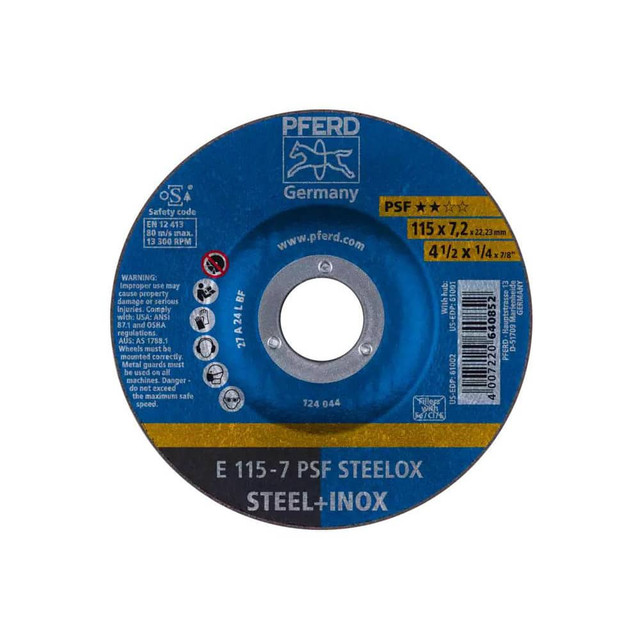 PFERD 62011640 Depressed Grinding Wheel:  Type 27,  4-1/2" Dia,  1/4" Thick,  7/8" Hole,  Aluminum Oxide