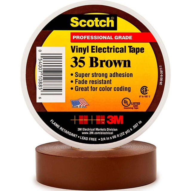 3M 7000132638 Electrical Tape: 1/2" Wide, 20' Long, 7 mil Thick, Brown