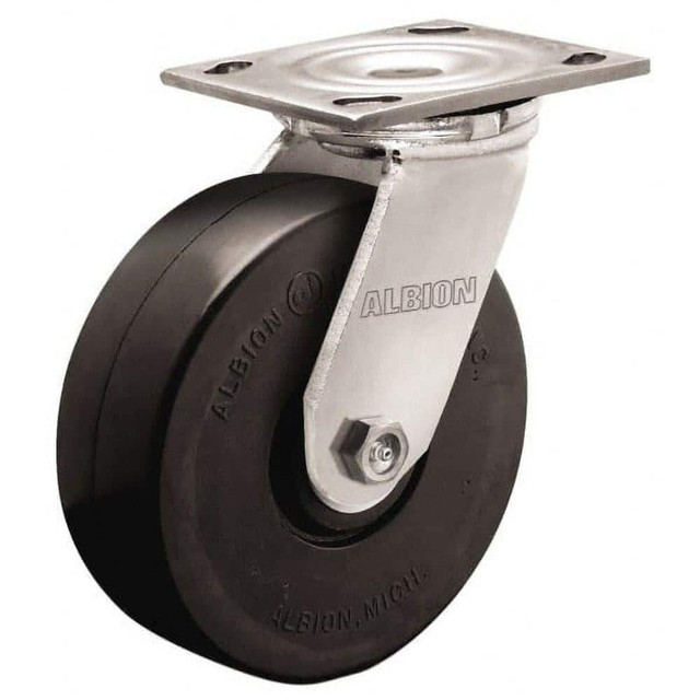 Albion 16MR08201S Swivel Top Plate Caster: Rubber, 8" Wheel Dia, 2" Wheel Width, 500 lb Capacity, 9-1/2" OAH