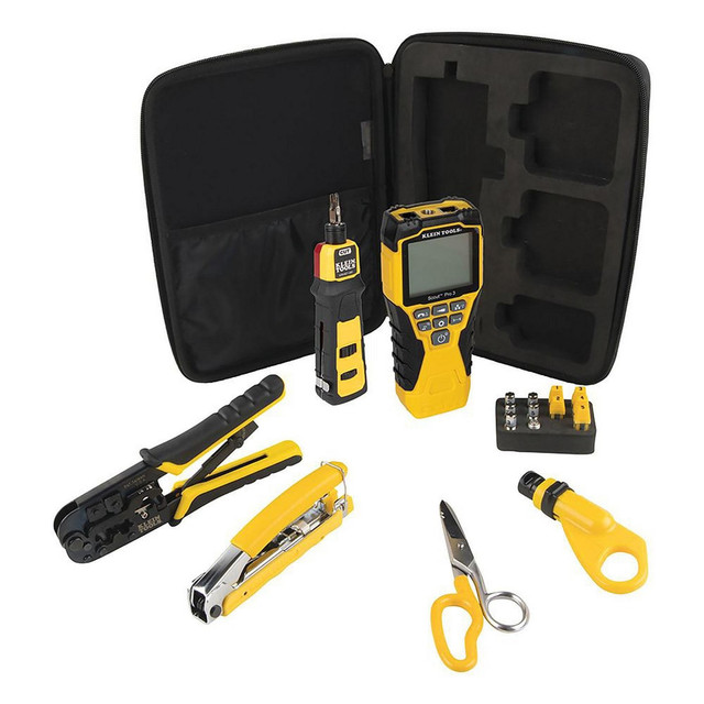 Klein Tools VDV001819 Cable Tools & Kits; Tool Type: Cable Installation Kit ; Number Of Pieces: 6 ; Includes: Snip, Cable Stripper, Punchdown Tool, (2) Crimpers, (1) Tester with Batteries, and Carry Case