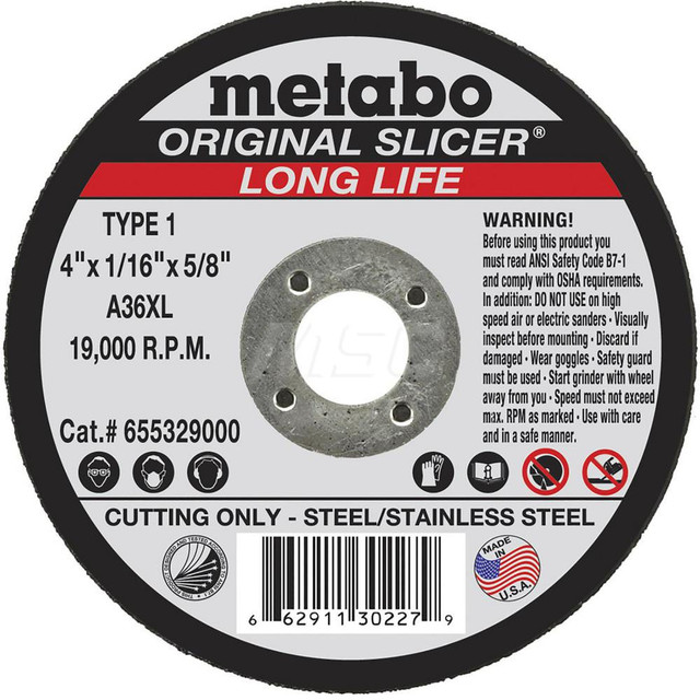 Metabo 655329000 Cutoff Wheel: Type 1, 4" Dia, 0.063" Thick, 5/8" Hole, Aluminum Oxide