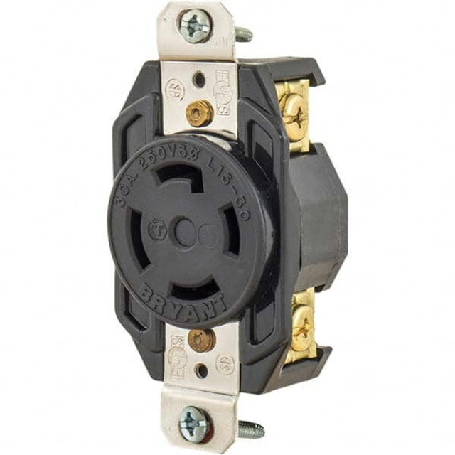 Bryant Electric 71530FR Twist Lock Receptacles; Receptacle/Part Type: Receptacle; Gender: Female; NEMA Configuration: L15-30R; Flange Style: No Flange; Amperage: 30 A; Number Of Poles: 3; Number Of Wires: 4; Maximum Cord Diameter: 29.20 mm; Resistanc