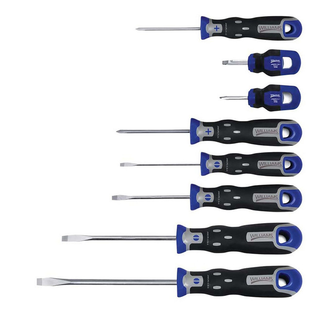 Williams JHWSPRS-8CKP Screwdriver Sets; Screwdriver Types Included: Cabinet; Keystone; Philips ; Tether Style: Not Tether Capable ; Number Of Pieces: 8 ; Includes: (1) Cabinet Slotted 1/4 Tip, (4) Keystone Slotted 3/16", 1/4", 5.16", 3/8", (3) Philli